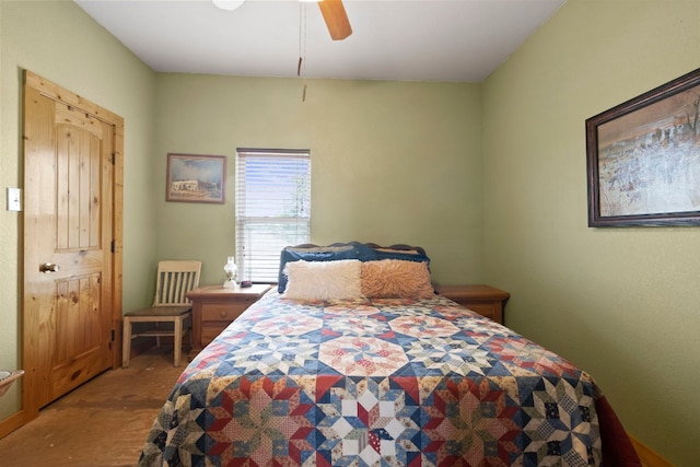 bedroom with ceiling fan and hardwood / wood-style floors