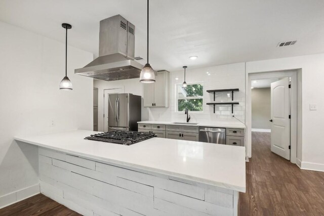 kitchen with tasteful backsplash, dark hardwood / wood-style flooring, stainless steel appliances, island exhaust hood, and sink