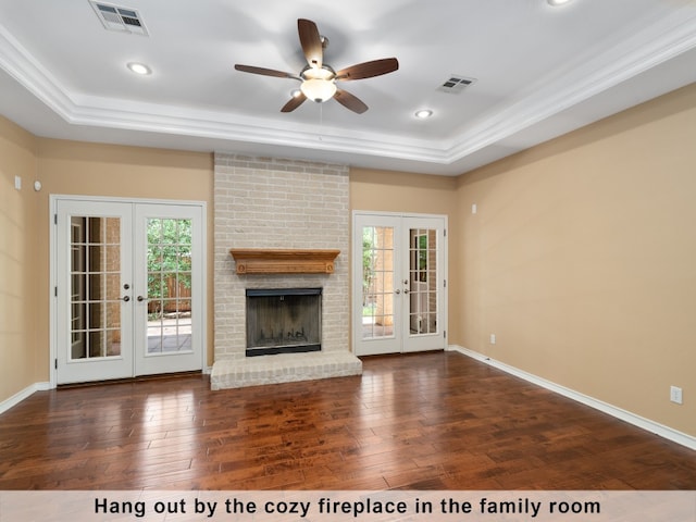 unfurnished living room with hardwood / wood-style flooring, french doors, ornamental molding, and ceiling fan