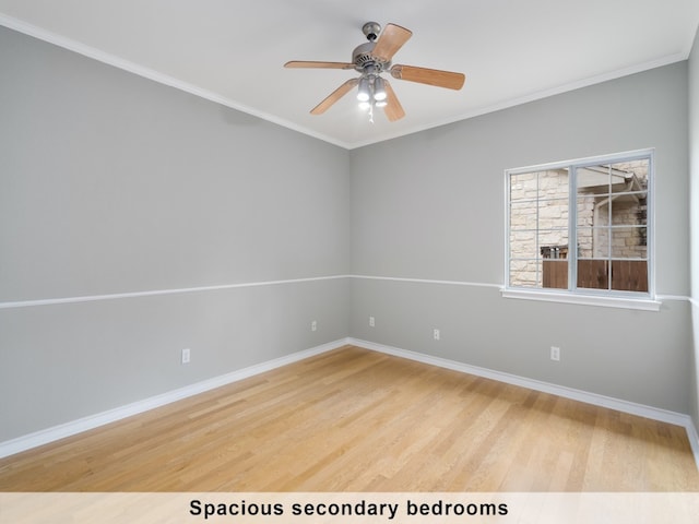 unfurnished room with light wood-type flooring, ceiling fan, and ornamental molding