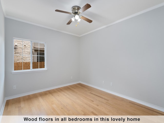 empty room featuring crown molding, light wood-type flooring, and ceiling fan