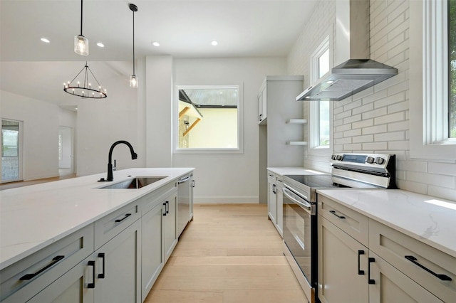 kitchen featuring tasteful backsplash, wall chimney range hood, sink, light wood-type flooring, and electric range