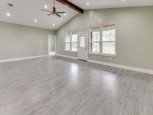 unfurnished room featuring ceiling fan with notable chandelier, beamed ceiling, and high vaulted ceiling