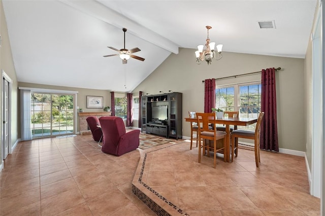 dining room with beam ceiling, light tile patterned flooring, ceiling fan with notable chandelier, and high vaulted ceiling