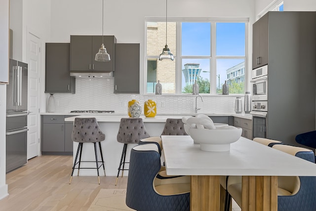 kitchen with stainless steel appliances, decorative light fixtures, light hardwood / wood-style floors, and plenty of natural light