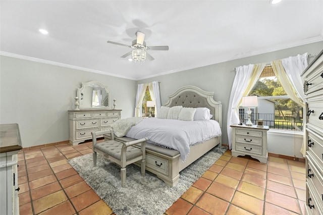 bedroom with baseboards, recessed lighting, a ceiling fan, and crown molding