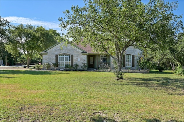 view of front of property with stone siding and a front yard