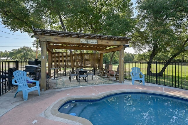 view of pool featuring a patio area, fence, a fenced in pool, and a pergola