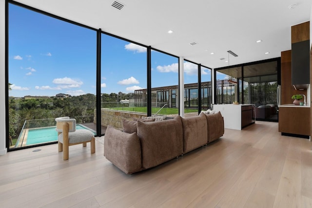 living room featuring a wealth of natural light, light hardwood / wood-style flooring, and a wall of windows