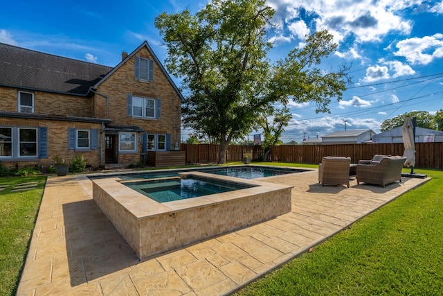 view of pool featuring an in ground hot tub, a patio area, a fenced backyard, and a fenced in pool