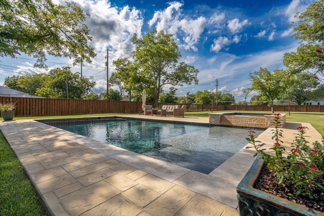 view of swimming pool with a fenced in pool, a fenced backyard, and an outdoor hangout area