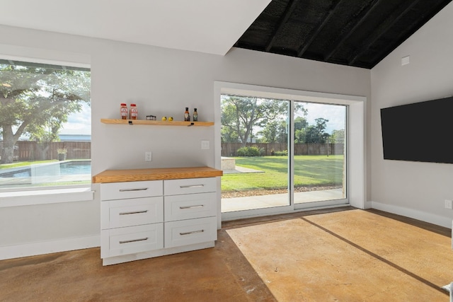 entryway with concrete flooring, a healthy amount of sunlight, vaulted ceiling, and baseboards