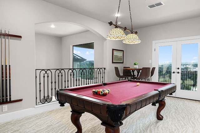 1208 Axis Rdg, New Braunfels, TX 78132 - rec room featuring arched walkways, french doors, billiards table, carpet floors, and baseboards