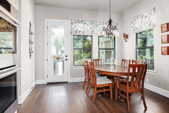 dining room with plenty of natural light, a notable chandelier, and dark wood finished floors