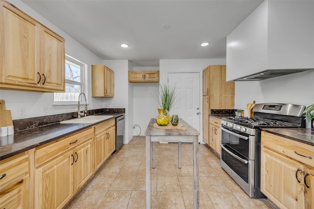 kitchen with appliances with stainless steel finishes, sink, custom range hood, and light brown cabinets