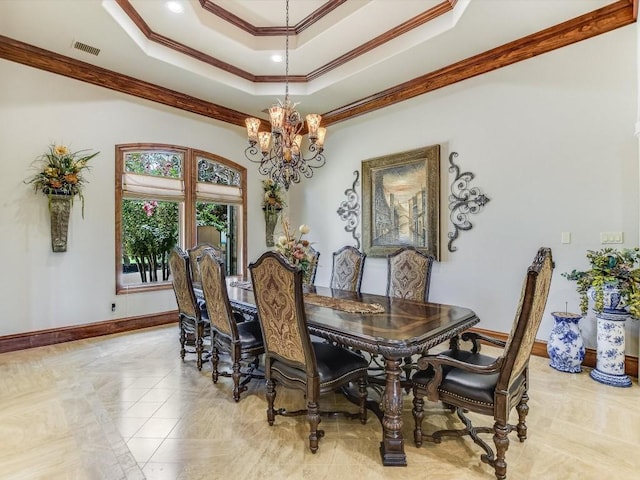6000 Lantern View Dr, Jonestown, TX 78645 - dining area with a chandelier, ornamental molding, a tray ceiling, and recessed lighting