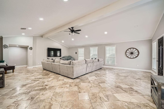 living room with crown molding, lofted ceiling with beams, and baseboards