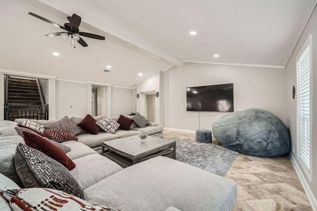 living room with ceiling fan, baseboards, lofted ceiling with beams, ornamental molding, and recessed lighting