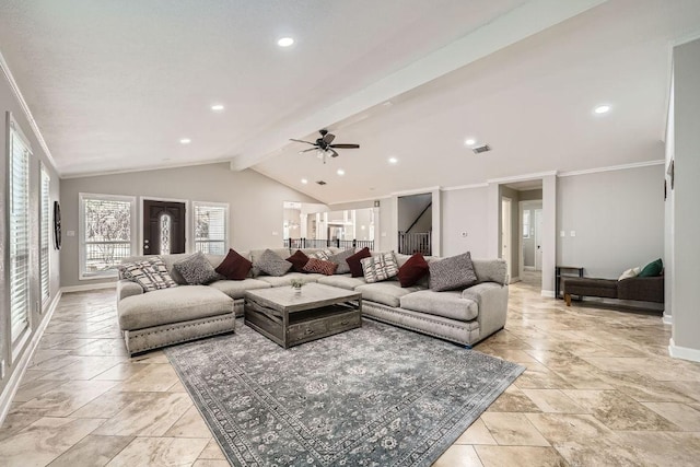 living area with crown molding, stairway, vaulted ceiling with beams, and baseboards