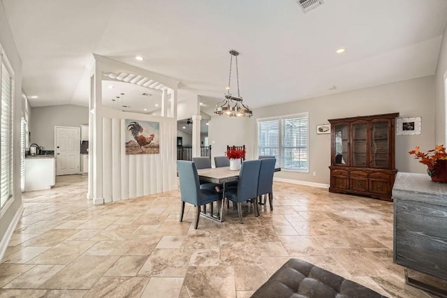 dining space with recessed lighting, visible vents, baseboards, and vaulted ceiling