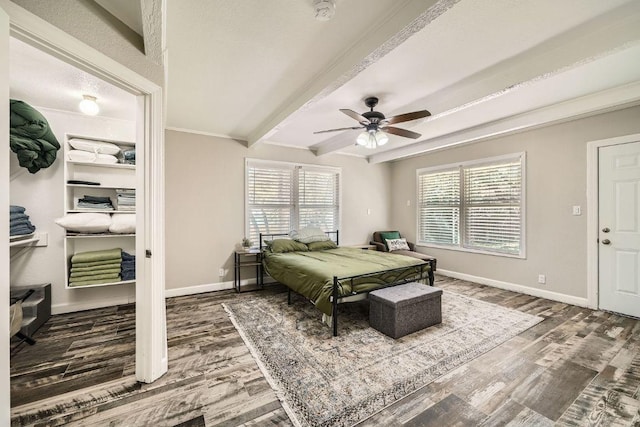 bedroom featuring multiple windows, wood finished floors, and baseboards