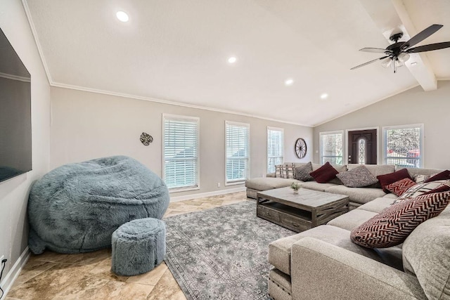 living room with recessed lighting, baseboards, a ceiling fan, and vaulted ceiling with beams