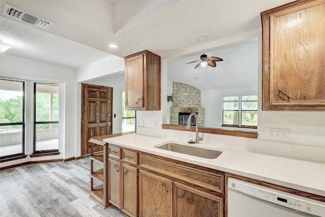 kitchen with a stone fireplace, light wood-type flooring, vaulted ceiling, and a wealth of natural light