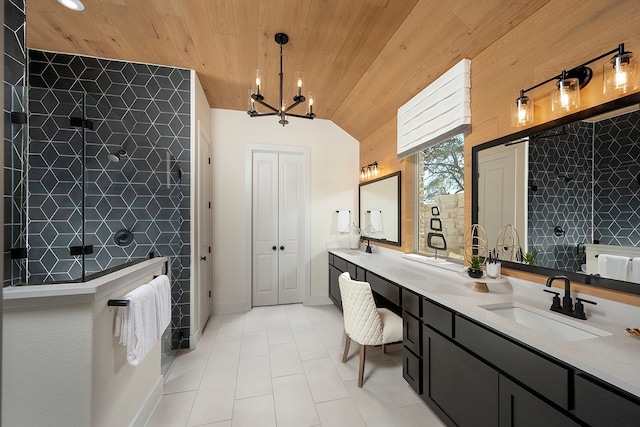 bathroom featuring wooden ceiling, lofted ceiling, walk in shower, vanity, and a notable chandelier