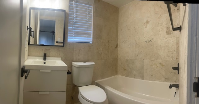 full bathroom featuring tile walls, toilet, shower / bathtub combination, and vanity