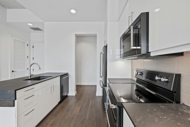 kitchen with sink, white cabinetry, dark hardwood / wood-style flooring, and range with electric cooktop