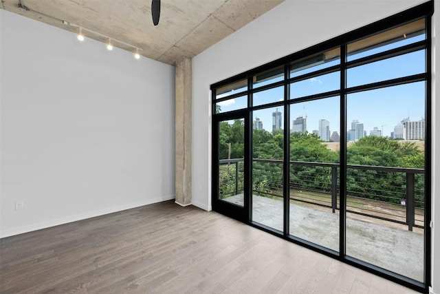 empty room featuring track lighting and hardwood / wood-style floors