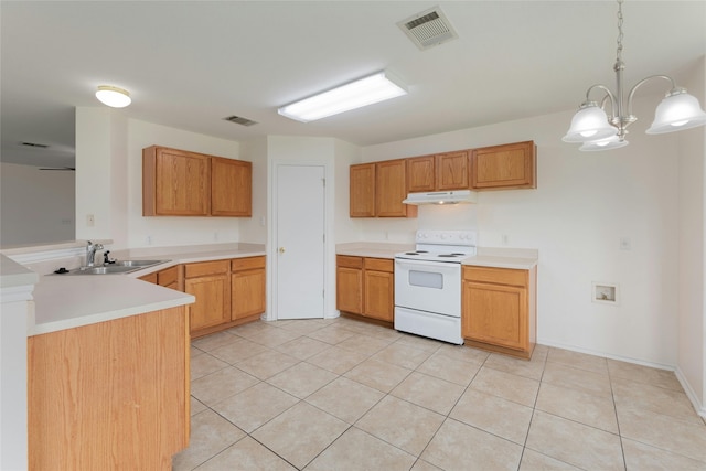 kitchen featuring pendant lighting, sink, light tile patterned floors, and white range with electric stovetop