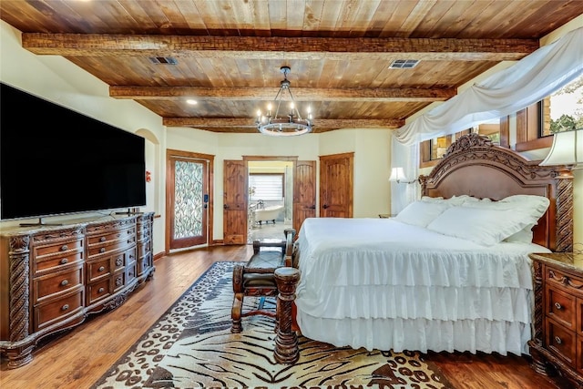 bedroom with an inviting chandelier, wood ceiling, wood-type flooring, and beamed ceiling