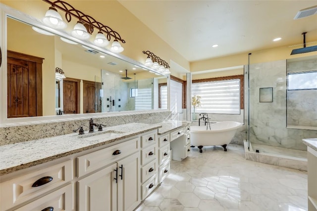 bathroom featuring vanity and plus walk in shower