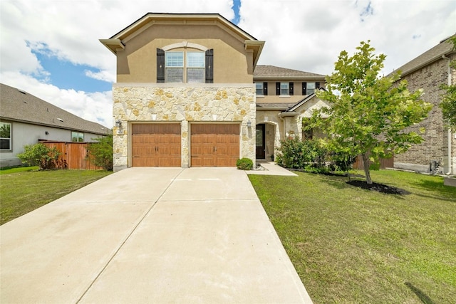 view of front facade with driveway, stone siding, stucco siding, an attached garage, and a front yard