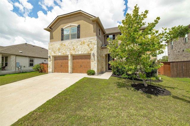 view of front facade with a garage, stone siding, a front lawn, and driveway