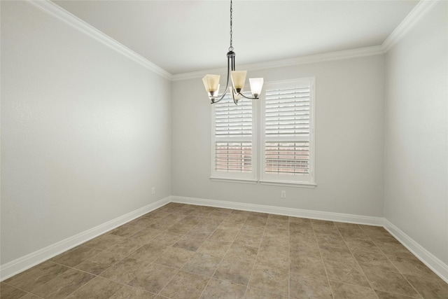 tiled spare room with ornamental molding and an inviting chandelier