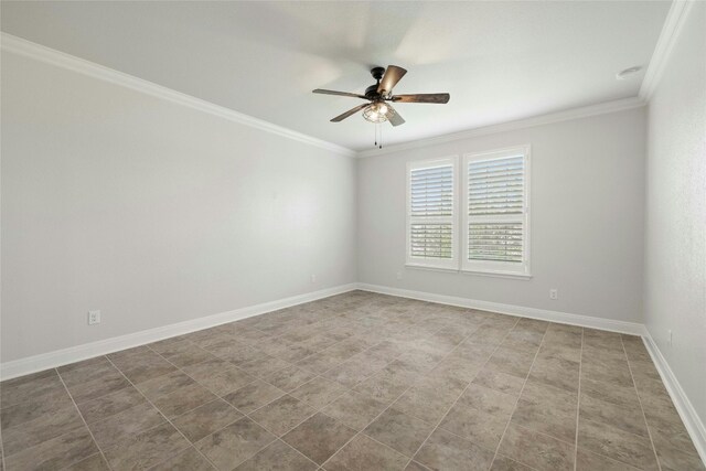 unfurnished room with tile patterned flooring, ceiling fan, and ornamental molding