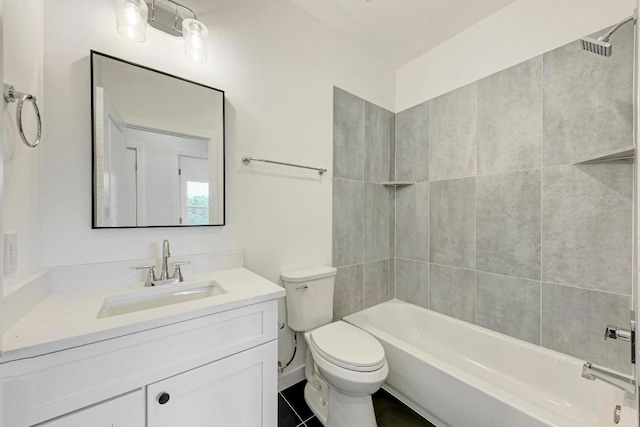 full bathroom with tiled shower / bath combo, vanity, and toilet