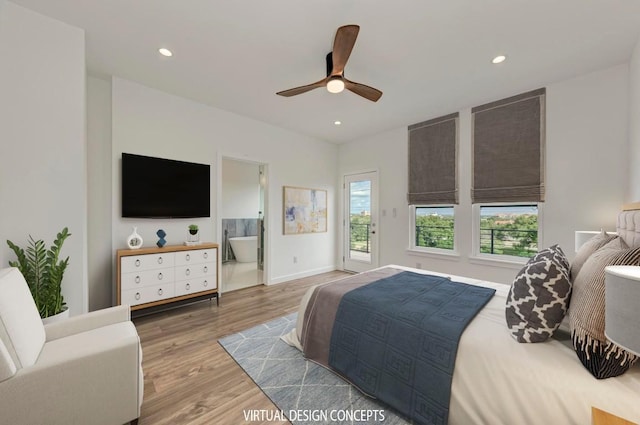 bedroom with hardwood / wood-style flooring, access to outside, ceiling fan, and ensuite bathroom