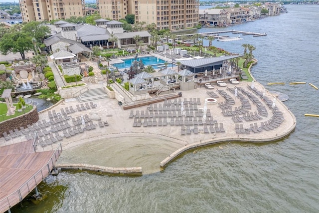 drone / aerial view with a water view