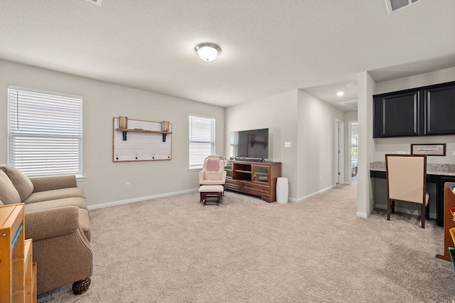 living room with light carpet and a textured ceiling