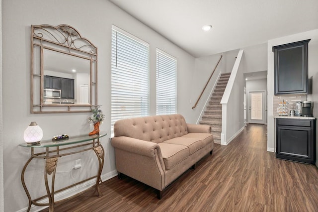 living room featuring dark wood-type flooring