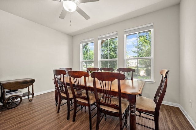 dining room with dark hardwood / wood-style floors and ceiling fan