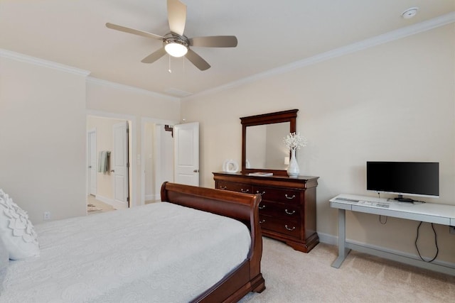 15008 Via Del Corso Dr, Bee Cave, TX 78738 - bedroom with crown molding, light carpet, baseboards, a ceiling fan, and a desk