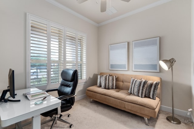 office with ceiling fan, ornamental molding, and carpet