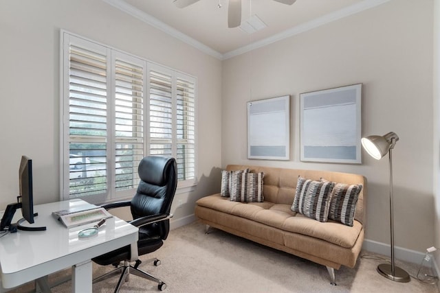 15008 Via Del Corso Dr, Bee Cave, TX 78738 - carpeted office space with ornamental molding, a ceiling fan, and baseboards