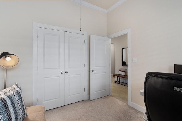 carpeted office space with ornamental molding