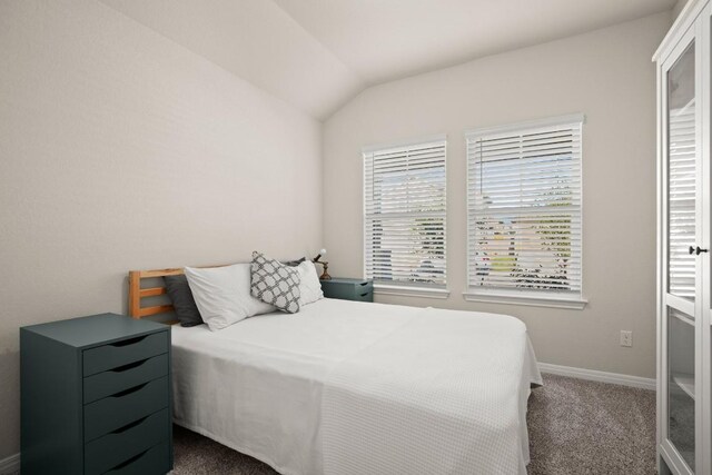 bedroom with vaulted ceiling and carpet floors