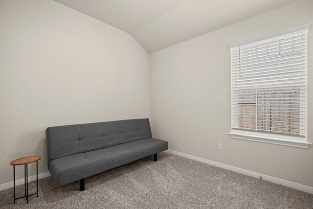 sitting room with carpet floors and vaulted ceiling